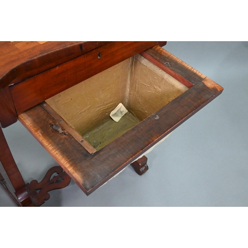 853 - A Victorian satinwood work table, the chequerboard top over a frieze drawer and pleated silt storage... 