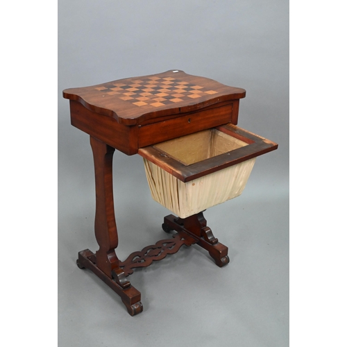 853 - A Victorian satinwood work table, the chequerboard top over a frieze drawer and pleated silt storage... 