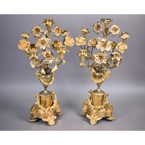 871 - A pair of late 19th century gilt metal five light floral mantel candelabra, 50 cm h (2)