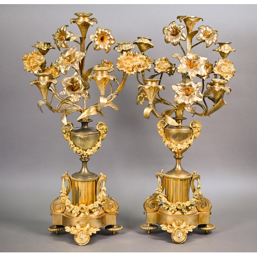 871 - A pair of late 19th century gilt metal five light floral mantel candelabra, 50 cm h (2)