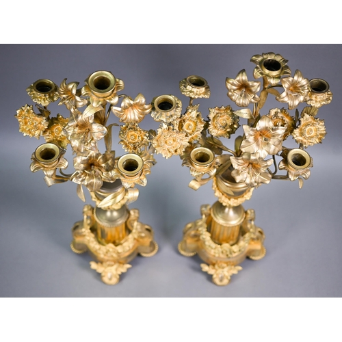 871 - A pair of late 19th century gilt metal five light floral mantel candelabra, 50 cm h (2)