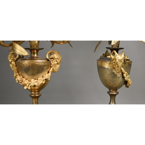 871 - A pair of late 19th century gilt metal five light floral mantel candelabra, 50 cm h (2)