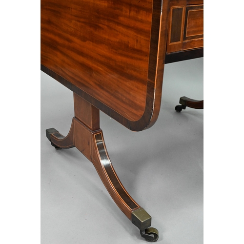 873 - A good Regency rosewood cross-banded mahogany sofa table, the rounded drop leaves over two frieze dr... 