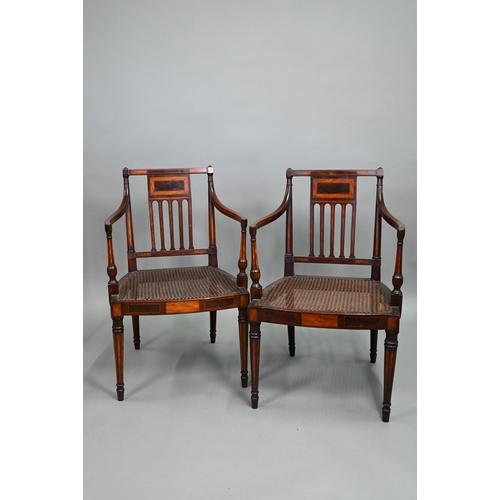 884 - AMENDMENT - NO SEAT PADS A pair of 19th century Sheraton style armchairs, satinwood inlaid mahogany ... 