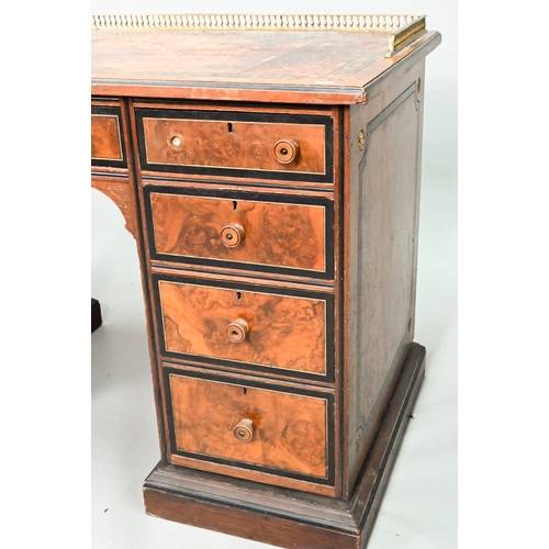 903 - A Victorian Aesthetic period ebonised and walnut pedestal desk, the tooled leather inset top with br... 