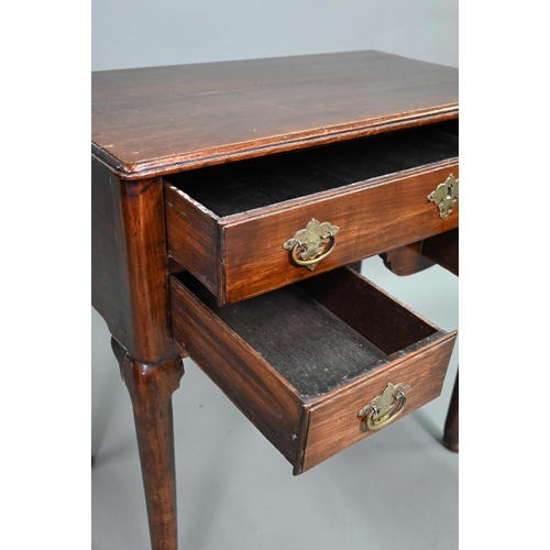 904 - An 18th century fruitwood three drawer side table with arched apron on turned legs and pad feet, 73 ... 