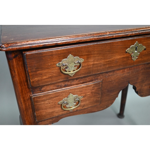 904 - An 18th century fruitwood three drawer side table with arched apron on turned legs and pad feet, 73 ... 