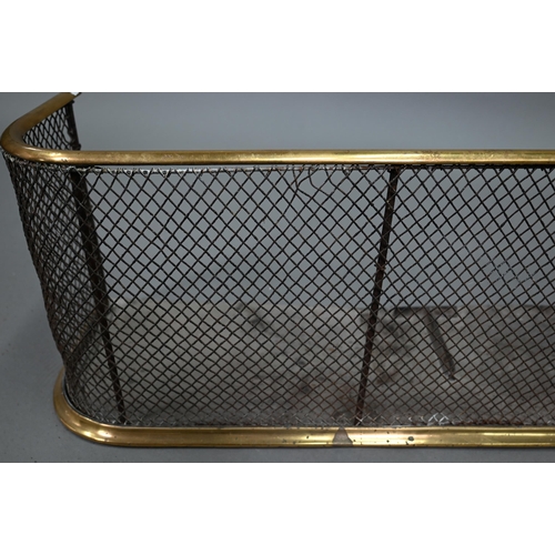 909 - A brass framed and diamond lattice wired spark guard, with steel base plate, 91 cm w x 24 cm x 31 cm... 