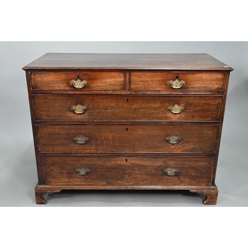 914 - A Georgian mahogany chest of two short over three long graduated drawers, with brass fittings, on sh... 