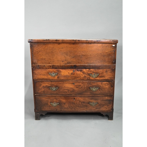 915 - An 18th century and later composed oak and elm chest, the hinged top over three long graduated drawe... 