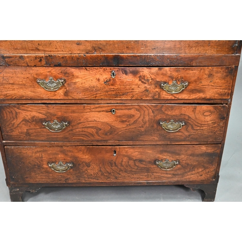 915 - An 18th century and later composed oak and elm chest, the hinged top over three long graduated drawe... 