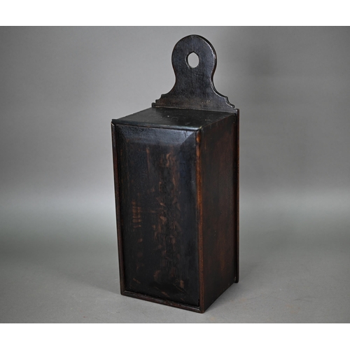 918 - An antique oak hanging box, with slide front panel, 44 cm h o/all