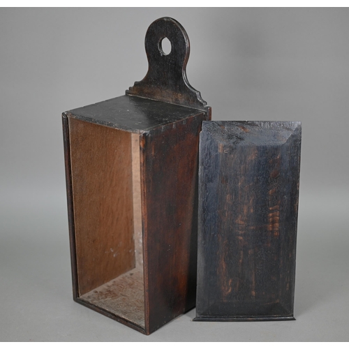 918 - An antique oak hanging box, with slide front panel, 44 cm h o/all