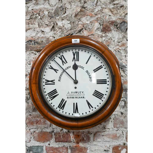 920 - 'The Birmingham School Board', J Hawk, a fruitwood cased single fusee 8-day school clock, 48 cm dia.... 