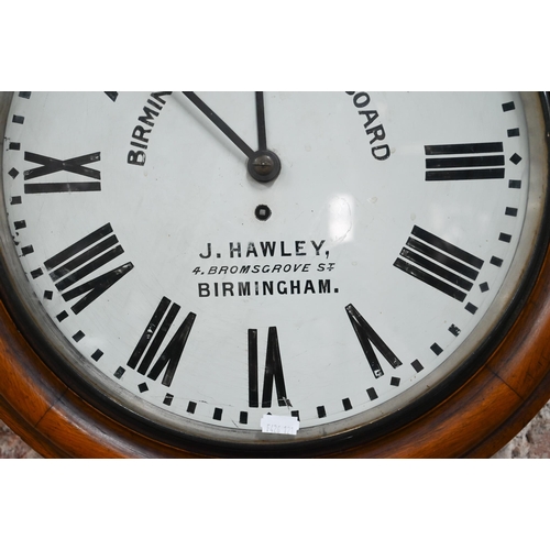 920 - 'The Birmingham School Board', J Hawk, a fruitwood cased single fusee 8-day school clock, 48 cm dia.... 