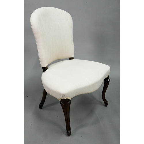 931 - A set of six traditional French walnut framed upholstered dining side chairs, with linen covers and ... 