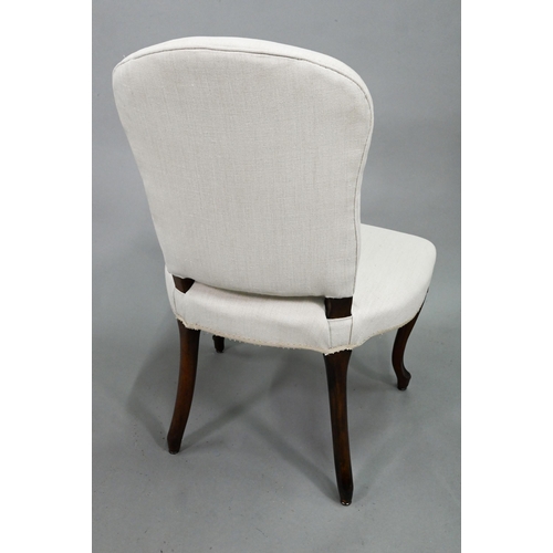 931 - A set of six traditional French walnut framed upholstered dining side chairs, with linen covers and ... 