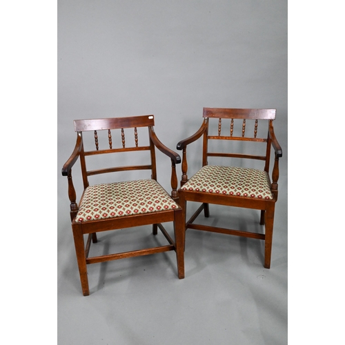 932 - A set of eight mahogany bar and part spindle-back dining chairs, with drop-in fabric seats and raise... 