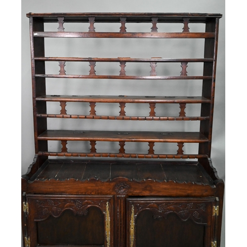 938 - Amended Measurements -  An antique provincial French oak high dresser, the three tier rack with pier... 