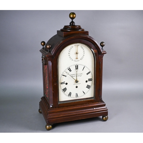 James McCabe, Royal Exchange, London, a walnut cased George III musical bracket clock, the triple fusee movement striking the quarters on eight graduated bells and an hour bell, with engraved brass backplate and white arched dial with subsidiary strike/silent selector, 59 cm h