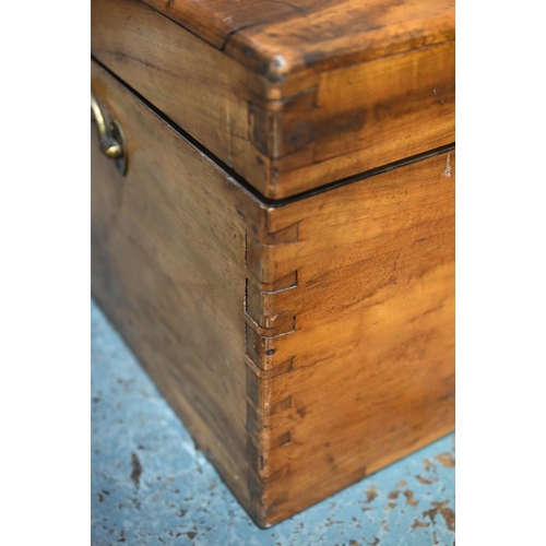 954 - A Victorian brass-bound teak camphor-lined campaign trunk, with folding carrying handles to sides, t... 