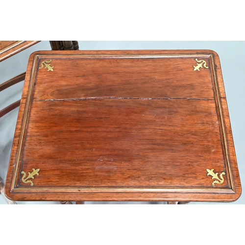 956 - A set of antique Anglo-Indian graduated brass inlaid mahogany quartetto tables, raised on twin 'bamb... 