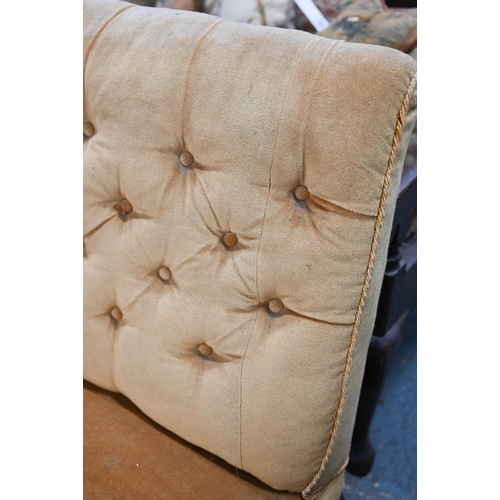 970 - A Victorian button backed hall/banquette sofa, yellow-gold fabric, raised on turned mahogany front l... 