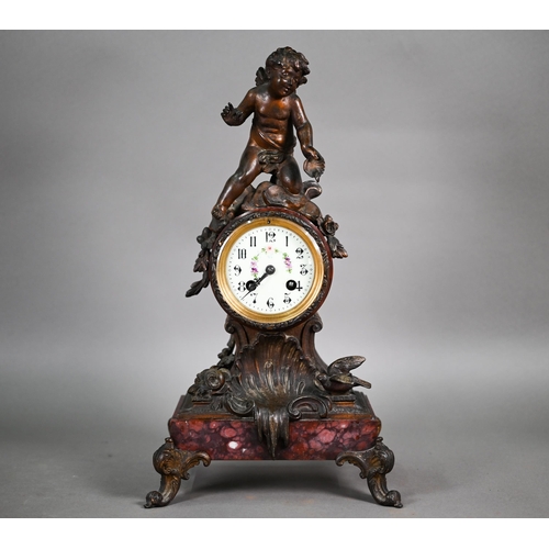 974 - An antique French rouge marble spelter mounted mantel clock, the 8-day two train movement by Moulin,... 