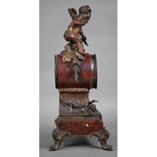 974 - An antique French rouge marble spelter mounted mantel clock, the 8-day two train movement by Moulin,... 