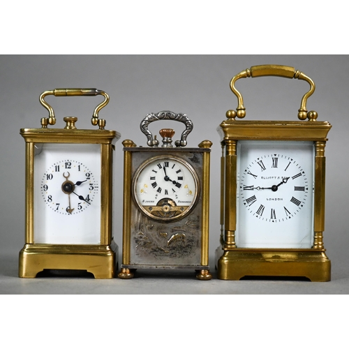 982 - A trio of miniature carriage clocks; Elliott & Son, london, a brass cased French single train 8-... 