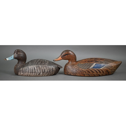 997 - A 19th century US painted hollow wood duck decoy, stamped 'Jo Bedar' 43 cm long, to/w a solid wood 2... 