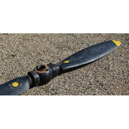 1120 - A Vintage Avro Anson aircraft twin blade propeller, black finish with yellow tips, marked 'DA 902' a... 