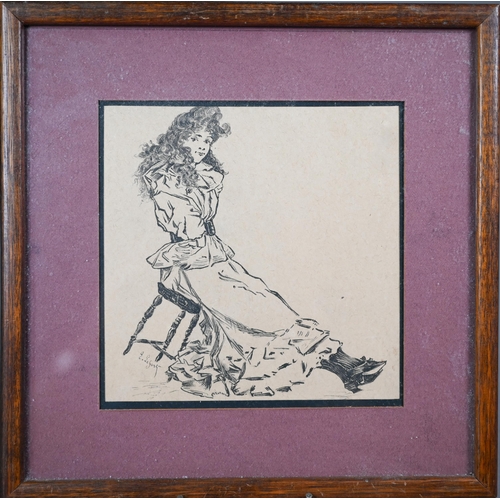 1030 - An ink sketch of a young lady, circa 1900, signed Le Fort, to/w an ink and bodycolour portrait of Di... 