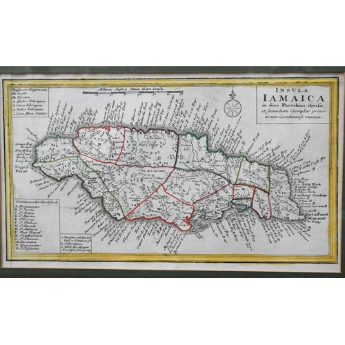 1048 - An 18th century map engraving of Jamaica 'Insula Jamaica in suas Parochias divisa', 15.5 x 28 cm, mo... 