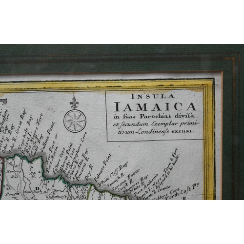 1048 - An 18th century map engraving of Jamaica 'Insula Jamaica in suas Parochias divisa', 15.5 x 28 cm, mo... 