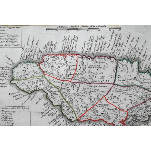 1048 - An 18th century map engraving of Jamaica 'Insula Jamaica in suas Parochias divisa', 15.5 x 28 cm, mo... 