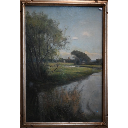 752A - E Stewart Wood - An extensive river landscape with distant church, oil on canvas, signed, 90 x 60 cm