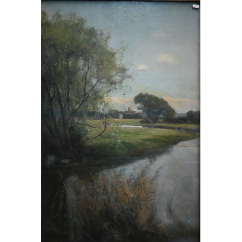 752A - E Stewart Wood - An extensive river landscape with distant church, oil on canvas, signed, 90 x 60 cm