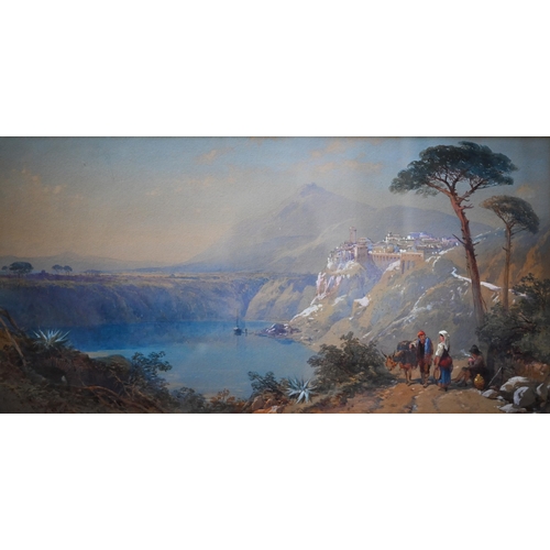 766 - T L Rowbotham (1823-1875) - 'Italian lakescene with peasants', watercolour, signed and indistinctly ... 