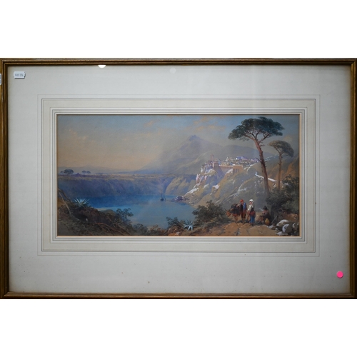 766 - T L Rowbotham (1823-1875) - 'Italian lakescene with peasants', watercolour, signed and indistinctly ... 