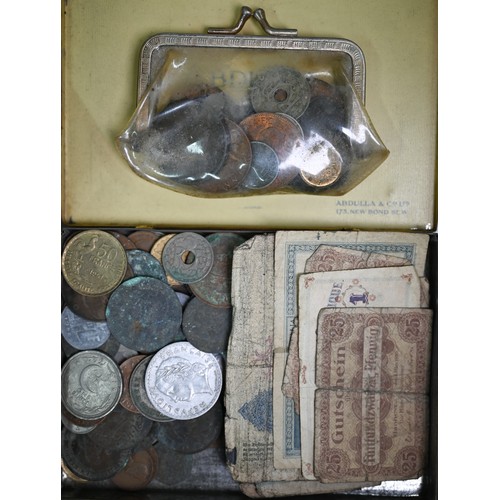 1067 - A quantity of mixed coins, stamps, costume jewellery, trade cards etc (box)