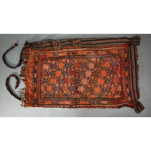 800 - An old Caucasian Sumak saddle/grain bag, with double sided geometric designs in multi-colours, 122 c... 