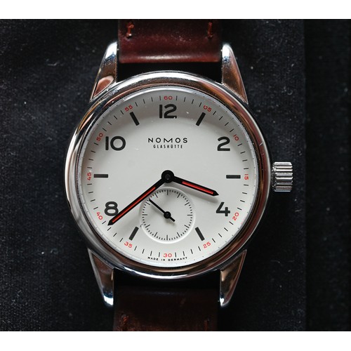 427 - A Nomos Club wristwatch - model 3564 with leather strap, boxed with documents, 2018