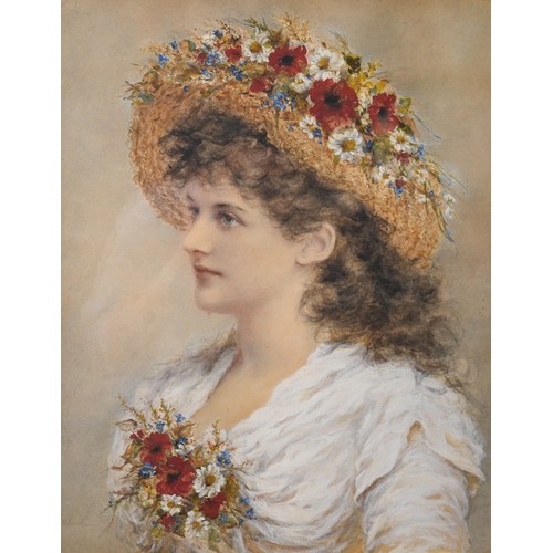 787 - Alice Renshaw (c 1880) - Portrait of a young woman with meadow flowers, watercolour, signed, 54 x 42... 