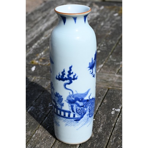 441 - A Chinese Transitional style blue and white sleeve vase, painted in rich tones of underglaze blue wi... 