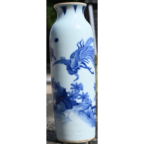 441 - A Chinese Transitional style blue and white sleeve vase, painted in rich tones of underglaze blue wi... 