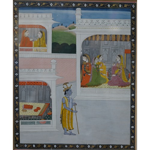 527 - A Mughal-style painting of a Hindu God with female attendants in a palace, 25 x 21 cm, mounted, fram... 