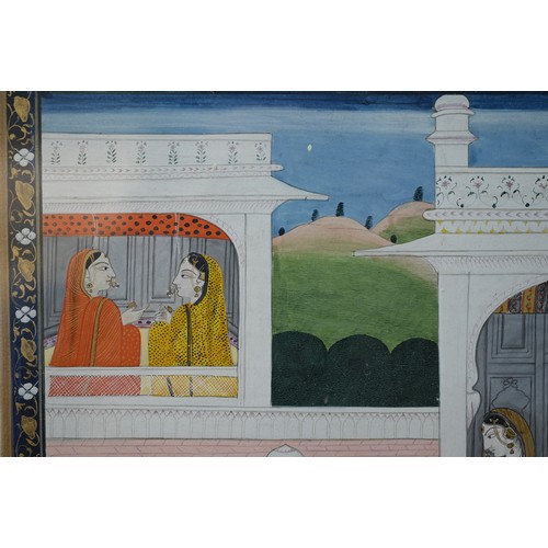 527 - A Mughal-style painting of a Hindu God with female attendants in a palace, 25 x 21 cm, mounted, fram... 