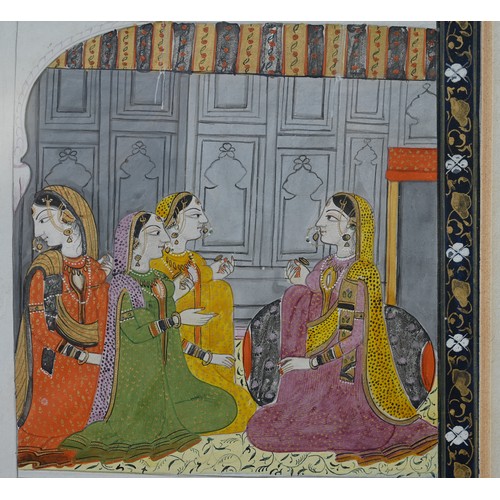 527 - A Mughal-style painting of a Hindu God with female attendants in a palace, 25 x 21 cm, mounted, fram... 