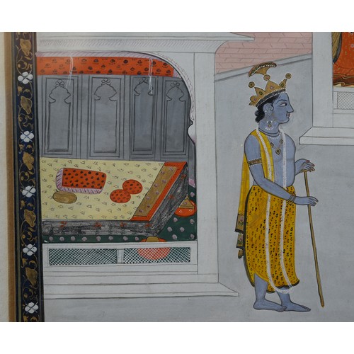 527 - A Mughal-style painting of a Hindu God with female attendants in a palace, 25 x 21 cm, mounted, fram... 